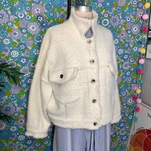 SHACI Blue Cream Button up Cream Furry Jacket Size:S